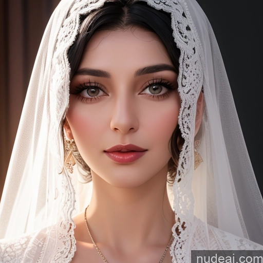 ai nude image of araffe woman wearing a veil and a necklace with a necklace pics of Turkish Fat High Cheekbones Over-the-shoulder Look T-shirt Rompers