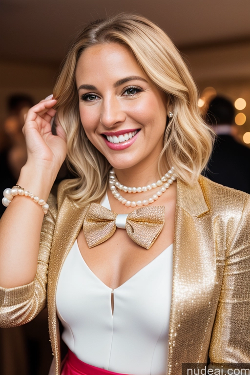 ai nude image of blond woman in gold jacket and pearl necklace smiling at camera pics of Woman Blonde Party Happy Bow Tie Bows Blouse Jacket Long Skirt Tie 50s Diamond Jewelry Gold Jewelry Jewelry Pearl Jewelry