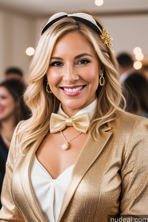 ai nude image of blonde woman with a bow tie and gold jacket smiling at the camera pics of Woman 50s Happy Blonde Party Blouse Bow Tie Bows Jacket Long Skirt Tie Diamond Jewelry Gold Jewelry Jewelry Pearl Jewelry