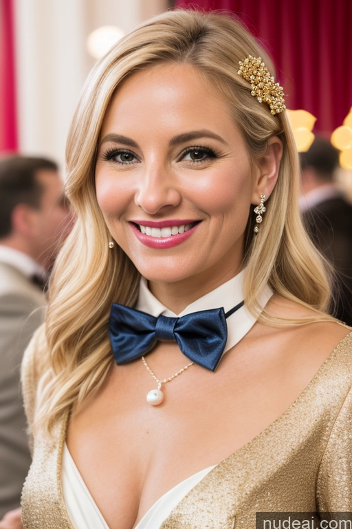 ai nude image of blond woman with blue bow tie and gold dress smiling at camera pics of Woman 50s Happy Blonde Party Blouse Bow Tie Bows Jacket Long Skirt Tie Diamond Jewelry Gold Jewelry Jewelry Pearl Jewelry