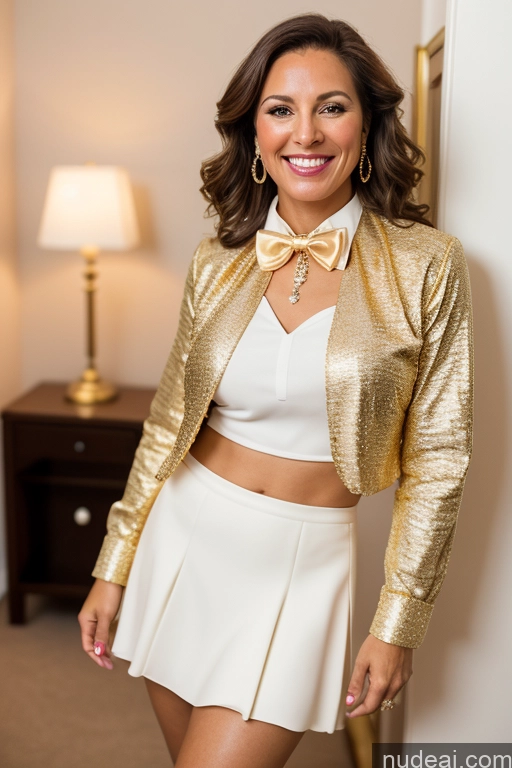 ai nude image of there is a woman in a gold jacket and white skirt posing for a picture pics of Woman 50s Happy Brunette Party Blouse Bow Tie Bows Jacket Long Skirt High Heels Tie Diamond Jewelry Gold Jewelry Jewelry Pearl Jewelry