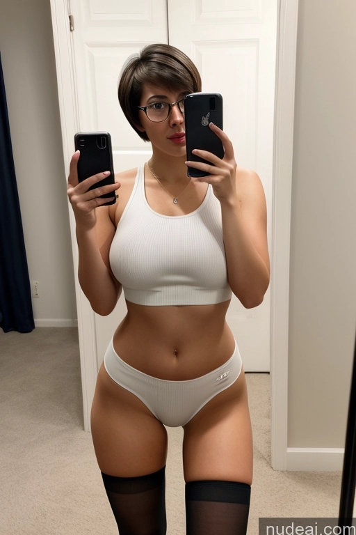 ai nude image of there is a woman taking a selfie in a white bra top pics of Woman Perfect Boobs Glasses Thick Long Legs 20s Sexy Face Brunette Short Hair White Mirror Selfie Front View Spreading Legs Crop Top High Socks High Heels