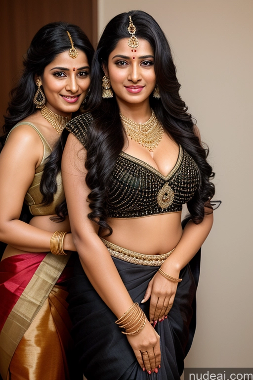 ai nude image of two women in saris posing for a picture in a room pics of Black Hair Jewelry Two Long Hair Indian Sari Woman 30s Cleavage