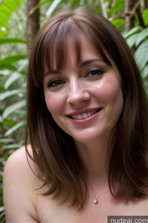 ai nude image of smiling woman with brown hair and a white shirt in a forest pics of Jungle Brunette Nude Cumshot Fairer Skin Bangs Happy Beautiful Small Tits 50s