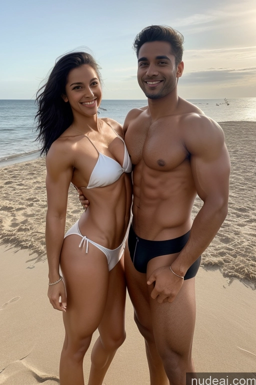 ai nude image of arafed man and woman posing on the beach in bikinis pics of Beautiful Muscular Small Ass Skinny Abs 20s Happy Seductive Black Hair Straight Film Photo Woman + Man Two Italian Busty Dark Skin Short Beach Thong T-pose Topless