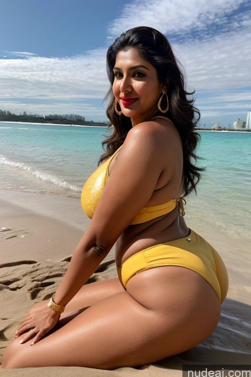 ai nude image of araffe woman in a yellow bikini sitting on the beach pics of Spreading Legs Big Ass Big Hips Pubic Hair Beautiful Lipstick Long Hair Indian Diamond Jewelry Gold Jewelry Jewelry Pearl Jewelry 20s Huge Boobs Milf Beach Volleyball