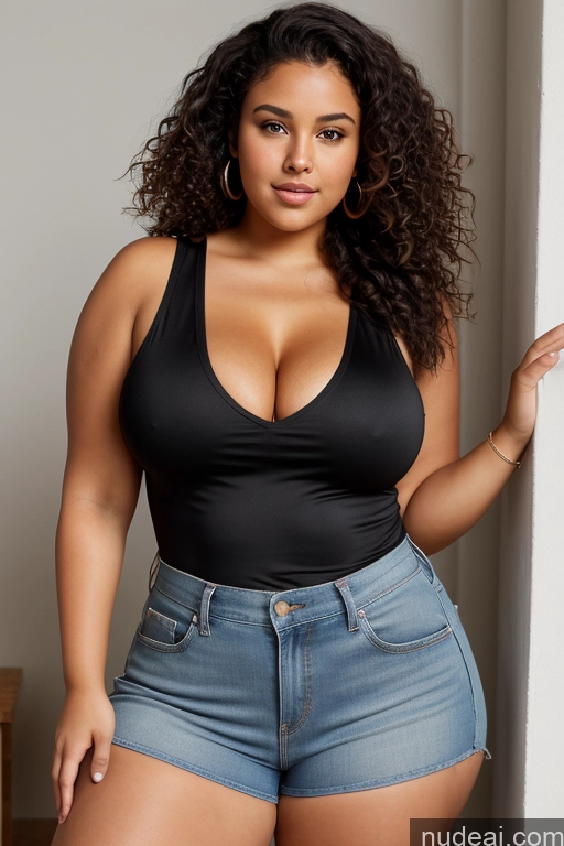 ai nude image of arafed woman in a black top and denim shorts posing for a picture pics of Woman Perfect Boobs Beautiful Big Ass Thick Fat Big Hips Perfect Body Tanned Skin 18 Black Hair Czech Blouse Jeans Busty Tank Top Curly Hair