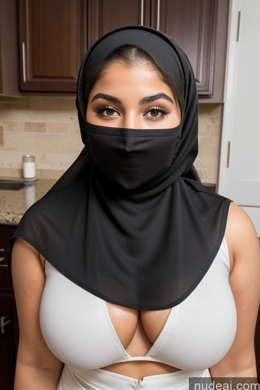 ai nude image of arafed woman in a black scarf and white top in a kitchen pics of Busty Thick Kitchen Niqab Middle Eastern 18