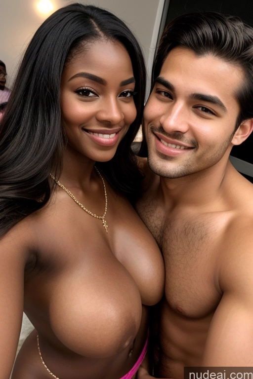 ai nude image of there is a man and woman posing for a picture together pics of Busty 30s Happy Soft + Warm Front View Blowjob Harem Pants Topless Jewelry Dark Lighting Black Woman + Man Several