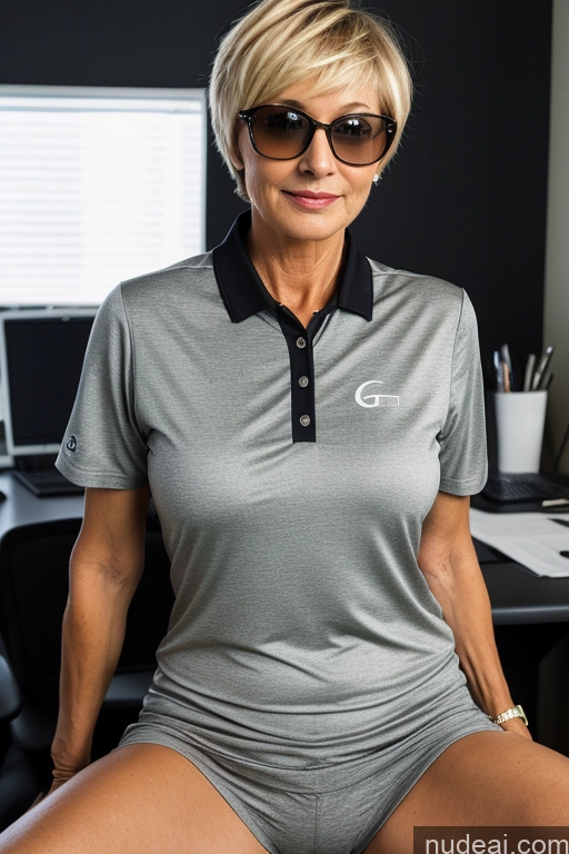 ai nude image of blond woman in grey shirt and sunglasses sitting in front of a computer pics of One Soft + Warm Front View Milf Sunglasses Italian Seductive Golf Skinny 60s Blonde Short Hair Plank Dark Lighting Office