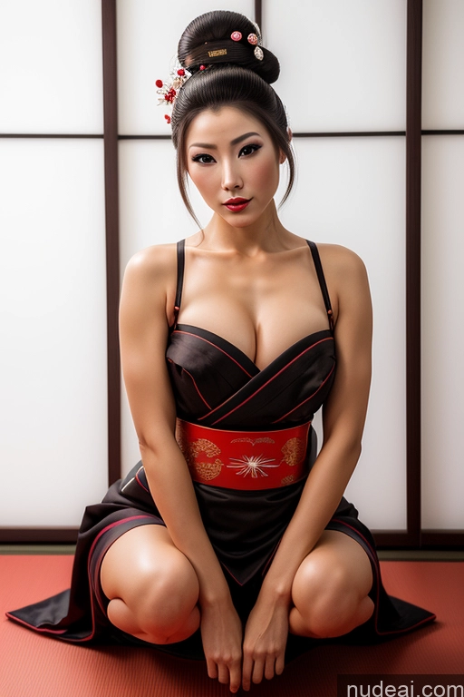 ai nude image of araffe asian woman in a black dress sitting on a red mat pics of Beautiful Skinny 40s Sexy Face Seductive Brunette Squatting Hair Bun Geisha