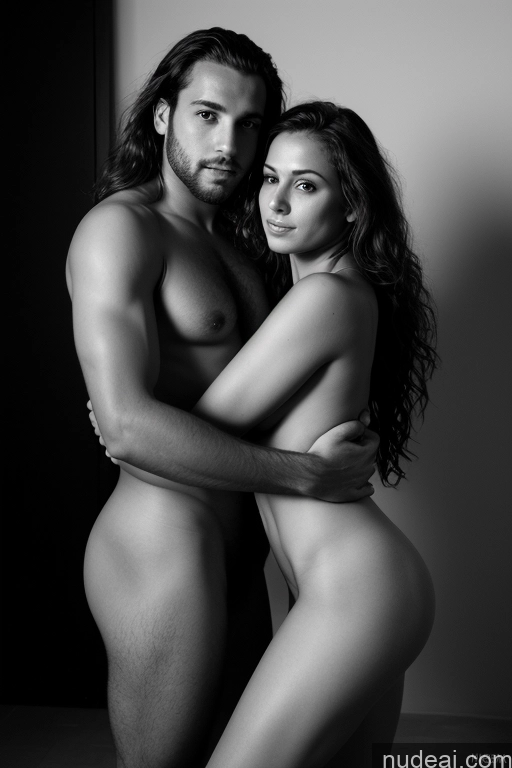 ai nude image of arafed couple posing naked in black and white photo pics of Perfect Boobs Front View Alternative Skinny 20s Seductive Brunette Long Hair Simple Dark Lighting Small Tits Tanned Skin Spreading Legs Black And White Beautiful Pubic Hair Woman + Man Brazilian