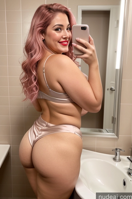 ai nude image of araffe woman taking a selfie in a bathroom with a mirror pics of Woman Busty Beautiful Lipstick Big Ass Thick Chubby Happy Long Hair Pink Hair Oiled Body Egyptian Bathroom Nude Blouse Satin Two 40s Mirror Selfie