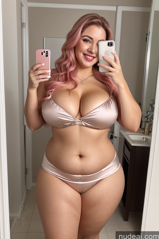 ai nude image of araffe woman in a pink bikini taking a selfie in a bathroom pics of Woman Busty Beautiful Lipstick Big Ass Thick Chubby Happy Long Hair Pink Hair Oiled Body Egyptian Bathroom Nude Blouse Satin Two 40s Mirror Selfie