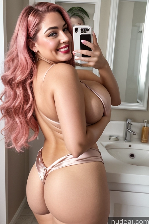 ai nude image of araffe with pink hair taking a selfie in a bathroom pics of Woman Busty Beautiful Lipstick Big Ass Thick Chubby Happy Long Hair Pink Hair Oiled Body Egyptian Bathroom Nude Blouse Satin Two 40s Mirror Selfie