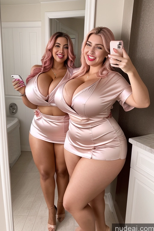 ai nude image of two women in pink dresses taking a selfie in a bathroom pics of Woman Busty Beautiful Lipstick Big Ass Thick Chubby Happy Long Hair Pink Hair Oiled Body Egyptian Bathroom Nude Blouse Satin Two 40s Mirror Selfie Huge Boobs