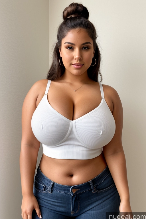 ai nude image of araffe woman in a white bra top and jeans posing for a picture pics of Woman Busty Perfect Boobs Beautiful Big Ass Thick Fat Big Hips Perfect Body Tanned Skin 18 Black Hair Hair Bun Czech Blouse Jeans Crop Top