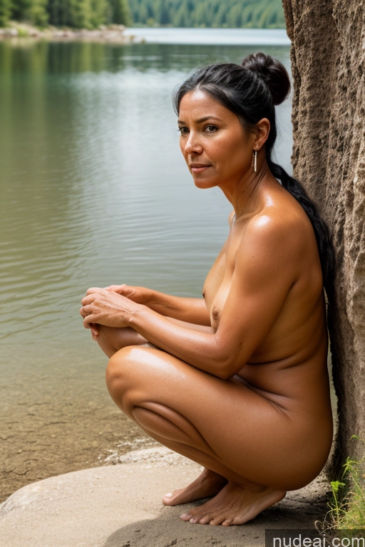 ai nude image of nude woman sitting on a rock by a lake with a tree pics of Woman One Beautiful Native American Soft + Warm Lake Nude Tribal Detailed Squatting Front View 50s Black Hair Hair Bun