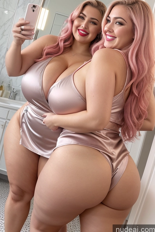 ai nude image of two women in a bathroom taking a selfie in a mirror pics of Woman Busty Beautiful Lipstick Big Ass Thick Chubby Happy Long Hair Pink Hair Oiled Body Egyptian Bathroom Nude Satin Two Mirror Selfie Huge Boobs 30s Apron