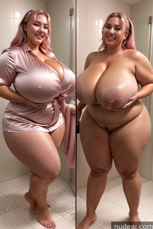 ai nude image of araffe woman in a pink top and shorts posing in a bathroom pics of Woman Busty Beautiful Lipstick Big Ass Thick Chubby Happy Long Hair Pink Hair Oiled Body Egyptian Bathroom Nude Satin Huge Boobs 30s Onoff Blouse