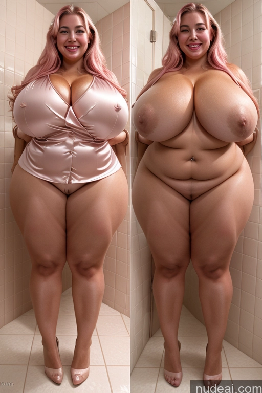 ai nude image of there are two pictures of a woman with big breasts in a bathroom pics of Woman Busty Beautiful Lipstick Big Ass Thick Chubby Happy Long Hair Pink Hair Oiled Body Egyptian Bathroom Nude Satin Huge Boobs 30s Onoff Blouse