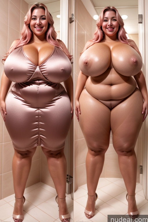 ai nude image of araffe woman in a shiny dress posing in a bathroom pics of Woman Busty Beautiful Lipstick Big Ass Thick Chubby Happy Long Hair Pink Hair Oiled Body Egyptian Bathroom Nude Satin Huge Boobs 30s Onoff Blouse