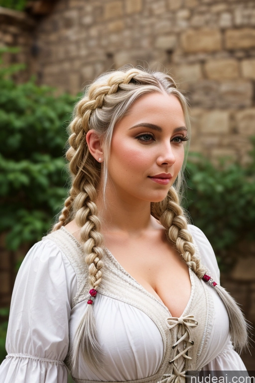 ai nude image of blonde woman with braids in a white dress standing in front of a brick building pics of White Hair Medieval Dress Braided Thick Busty