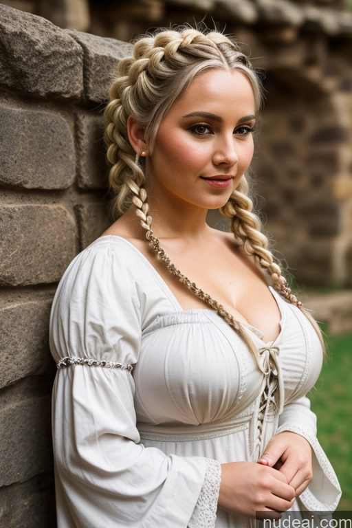 ai nude image of arafed woman in a white dress leaning against a brick wall pics of White Hair Medieval Dress Braided Thick Busty 30s