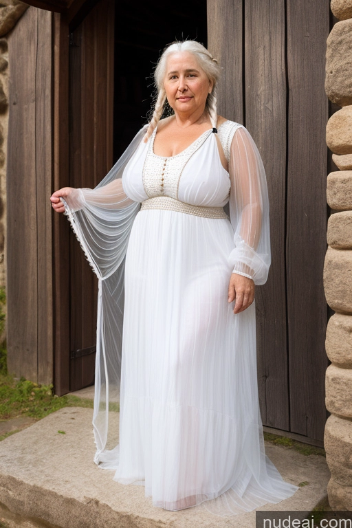 ai nude image of arafed woman in a white dress standing outside of a building pics of White Hair Medieval Dress Braided Thick Busty Transparent 70s