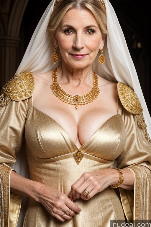 ai nude image of arafed woman in a gold dress and a veil posing for a picture pics of Dress Medieval Milf Small Tits Skinny Fairer Skin Gold Jewelry