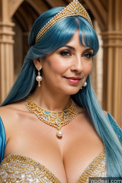 ai nude image of araffe woman with blue hair wearing a gold dress and a tiable pics of Dress Diamond Jewelry Gold Jewelry Pearl Jewelry Huge Boobs Medieval Blue Hair 50s