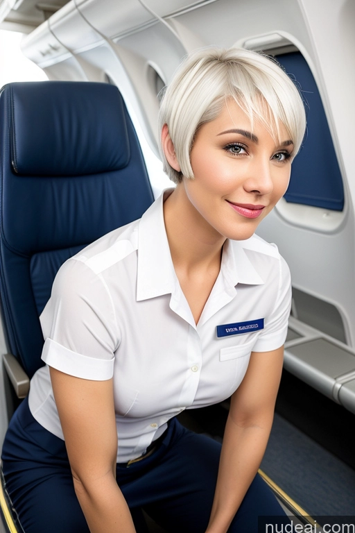 ai nude image of arafed woman sitting on a seat in an airplane with a smile pics of Beautiful Skinny 40s Sexy Face Short Hair Squatting White Hair Flight Attendant