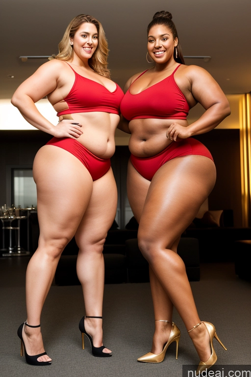 ai nude image of two women in red swimsuits posing for a picture pics of Tall Chubby Big Hips Big Ass Two Muscular Thick Fat Beautiful Long Legs High Heels