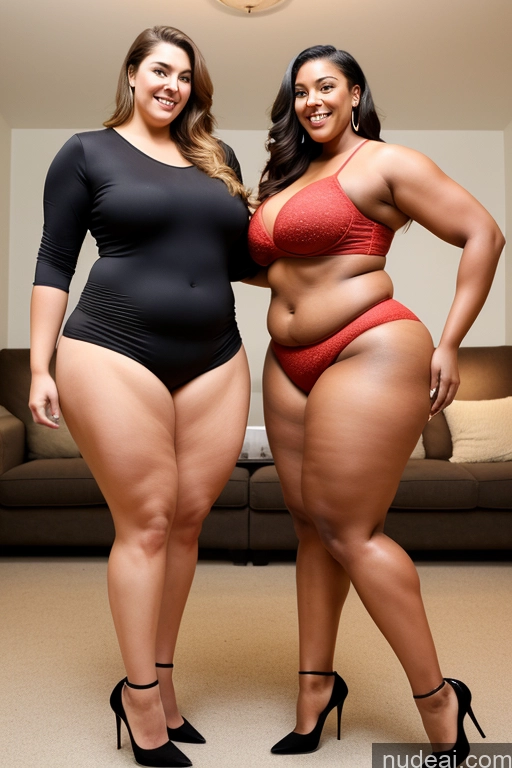 ai nude image of two women in black and red swimsuits posing for a picture pics of Tall Chubby Big Hips Big Ass Two Muscular Thick Fat Beautiful Long Legs High Heels