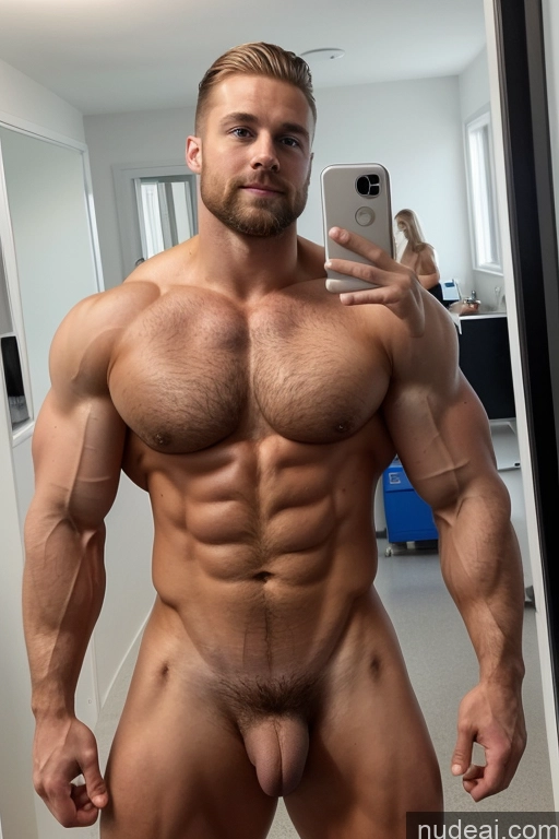 ai nude image of arafed man taking a selfie in a mirror with a cell phone pics of Bodybuilder Several Hairy Women Pubic Hair Muscular 20s Scandinavian Hospital Mirror Selfie Huge Boobs