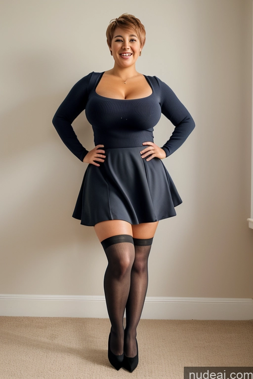 ai nude image of arafed woman in a black dress and stockings posing for a picture pics of Woman Huge Boobs Small Ass Chubby Big Hips Short 40s Happy Pixie T-pose Dress Suit Thigh Socks High Heels Micro Skirt