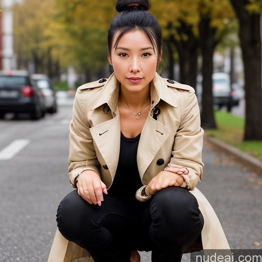 ai nude image of arafed woman in a trench coat crouches down on a skateboard pics of Beautiful Skinny 40s Sexy Face Hair Bun Black Hair Squatting Trench Coat