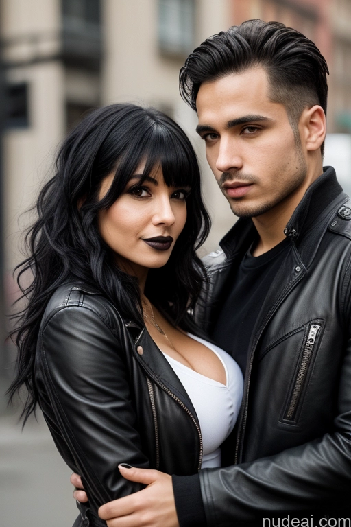 ai nude image of araffe couple in leather jackets embracing on a city street pics of Short Skinny Goth Jacket Leather Woman + Man 30s White Huge Boobs Black Hair Bangs