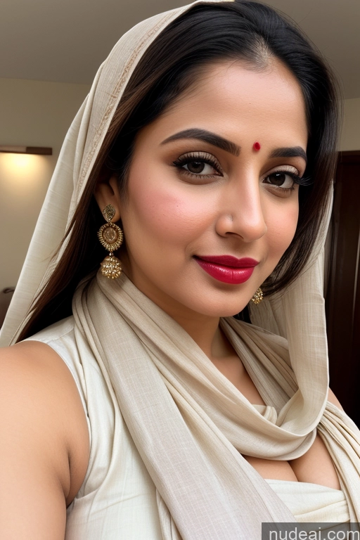 ai nude image of araffe woman in a white sar with a red lipstick and a scarf pics of Woman One Huge Boobs Beautiful Lipstick Fairer Skin 30s Slicked White Close-up View Sari Simple Salwar