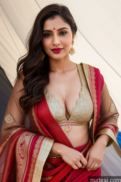 ai nude image of araffed woman in a red sari posing for a picture pics of Woman One Beautiful Lipstick Fairer Skin 30s Slicked White Sari Simple Salwar Tent Close-up View Perfect Boobs Cleavage Bright Lighting