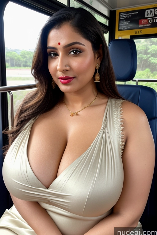 ai nude image of a close up of a woman in a dress sitting on a bus pics of One Beautiful Lipstick Fairer Skin Slicked White Sari Simple Salwar Close-up View Huge Boobs Perfect Boobs 40s Bus Cleavage Woman