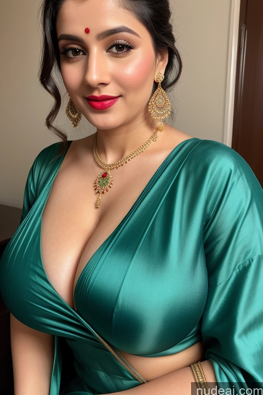 ai nude image of a close up of a woman in a green dress posing for a picture pics of One Beautiful Lipstick Fairer Skin Slicked White Sari Simple Salwar Close-up View Huge Boobs Cleavage Woman 30s Perfect Boobs Transparent