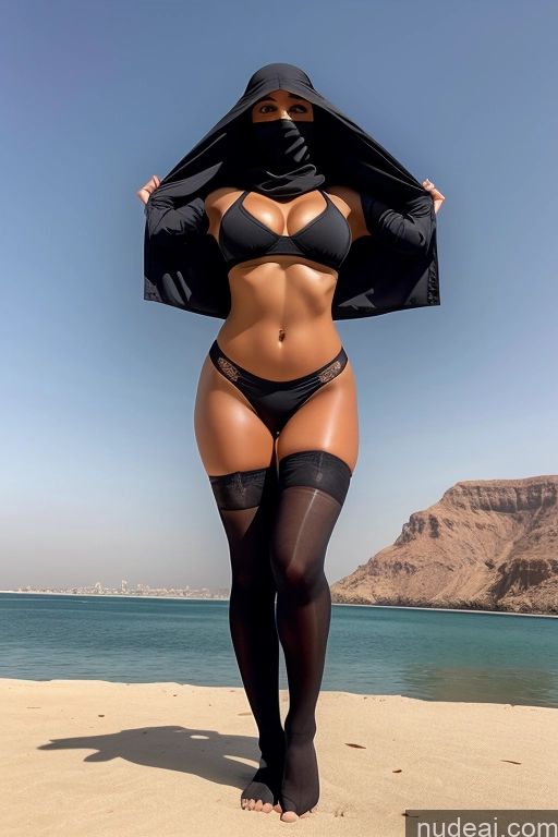 ai nude image of araffe woman in a black bikini and black hood on a beach pics of Arabic Niqab Busty Abs Perfect Boobs Perfect Body Beautiful Soft + Warm Tanned Skin Lingerie Model Dress Cleavage Thigh Socks Thong Trench Coat Yoga