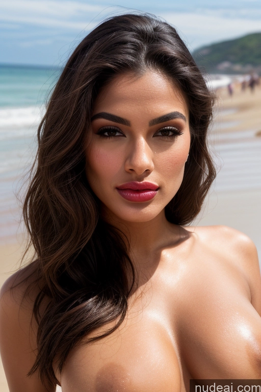 ai nude image of araffed woman with big breast posing on the beach pics of Miss Universe Model Several Perfect Boobs Busty Beautiful Perfect Body Oiled Body Tanned Skin Orgasm Seductive Sexy Face Pouting Lips Brunette Long Hair Brazilian Skin Detail (beta) Beach Front View 20s Lipstick