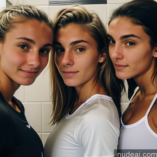 ai nude image of three women standing next to each other in a bathroom pics of Skinny 18 White Soccer Simple Sports Bra Huge Boobs Athlete Two Bathroom