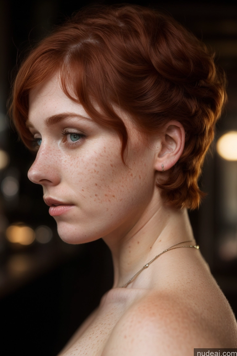 ai nude image of there is a woman with freckles on her face and a necklace pics of Woman Irish Cyberpunk Close-up View Victorian Nude Thick Muscular Bobcut