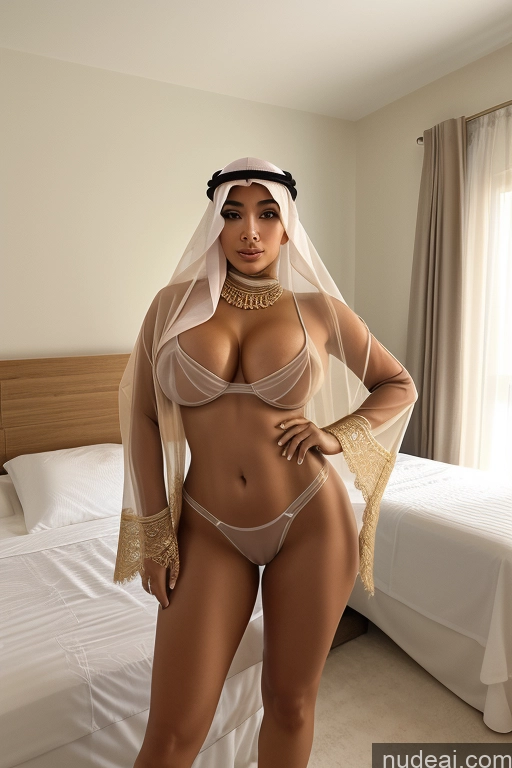 ai nude image of araffe dressed in a white veil and a gold necklace stands in a bedroom pics of Bimbo One Big Ass Thick Big Hips Long Legs Tanned Skin Seductive Brunette Straight Arabic Film Photo Bedroom Niqab Thong Transparent Partially Nude Detailed Perfect Boobs 40s