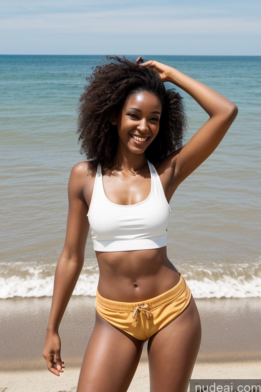 ai nude image of there is a woman in a white top and yellow shorts on the beach pics of Model Small Tits Beautiful Skinny Small Ass Tall 20s Laughing Black Hair Bangs African Front View One Beach T-pose Tank Top Short Shorts