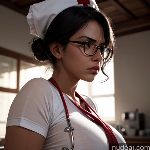 ai nude image of there is a woman in a nurse's uniform and glasses pics of 40s Black Hair Side View Seductive Busty Chubby Long Legs Dark Skin Nurse Indian Long Hair Milf One Beautiful Glasses Serious Angry Street