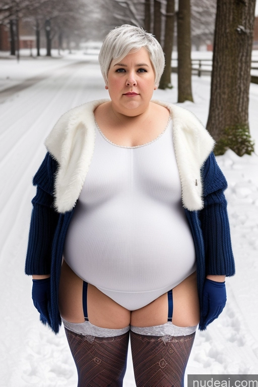 ai nude image of pregnant woman in winter clothes posing for a picture in the snow pics of One Fat Chubby Big Ass 70s Serious White Hair Pixie Snow Spreading Legs Stockings Front View